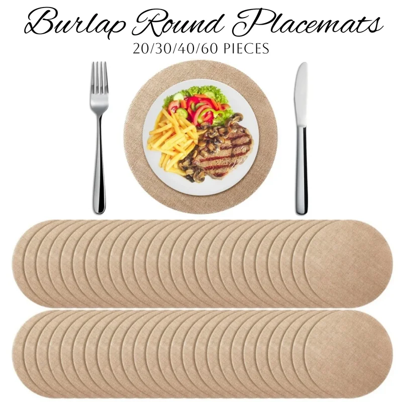 AliExpress - Napperons ronds en toile de jute, 20 à 60 pièces, tapis de Table en Jute résistant à la chaleur, décoration de Table rustique circulaire,