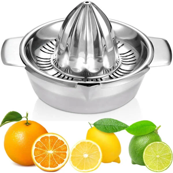 Manual citrus press in stainless steel, robust lemon squeezer for orange and grapefruit, dishwasher safe