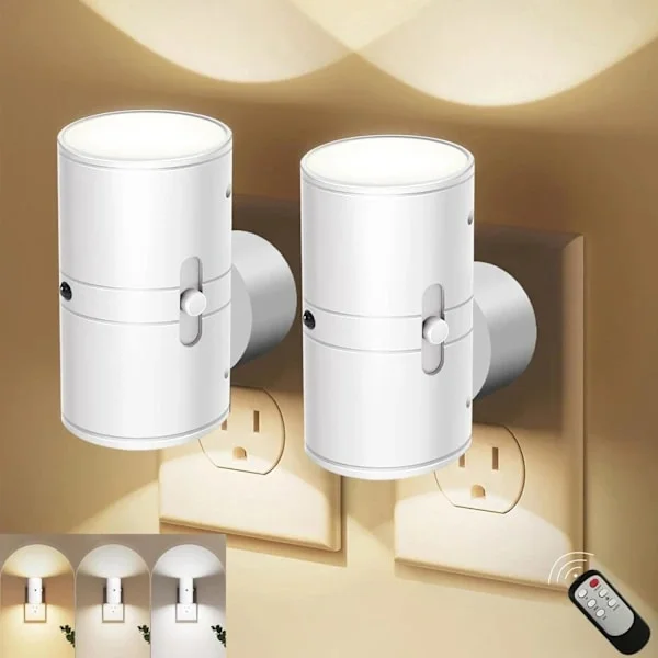 LED-nattlampa med skymningssensor, dimbar 3-färgs plug-in-lampa med fjärrkontroll för sovrum och hall, vit, 2-pack
