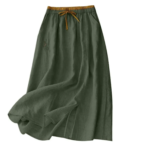 Flatterende Mellemlang Nederdel Dame Retro Broderet Midi Nederdel Afslappet Og 11 Farvemuligheder mørkegrøn XL