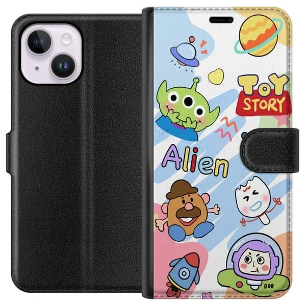 Kompatibelt Plånboksfodral till Apple iPhone 14 Plus Färgglada Toy Story aliener med lekfull rymddesign och söta figurer för barnrum flerfärgad