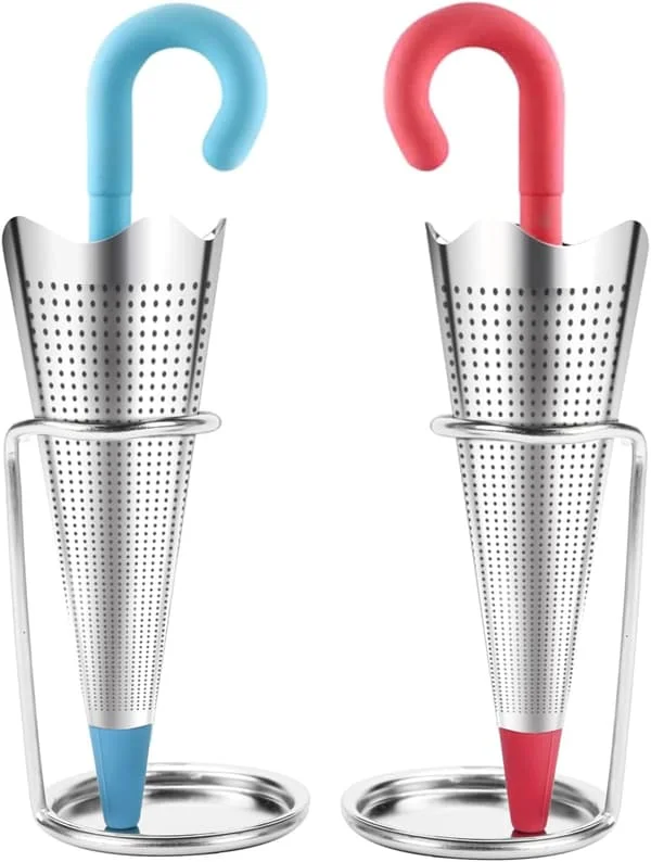 2 st återanvändbara paraply teinfusers med droppbricka för tekoppar, muggar och tekannor, tesil i rostfritt stål med fina maskor (röd & blå)