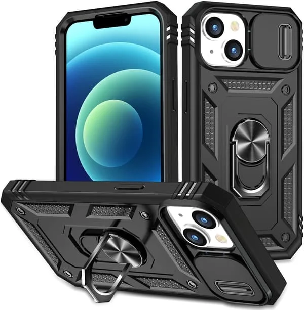 (Svart) 1st iPhone 15-fodral, Kamerahölje med roterande ringhållare för Apple iPhone 15