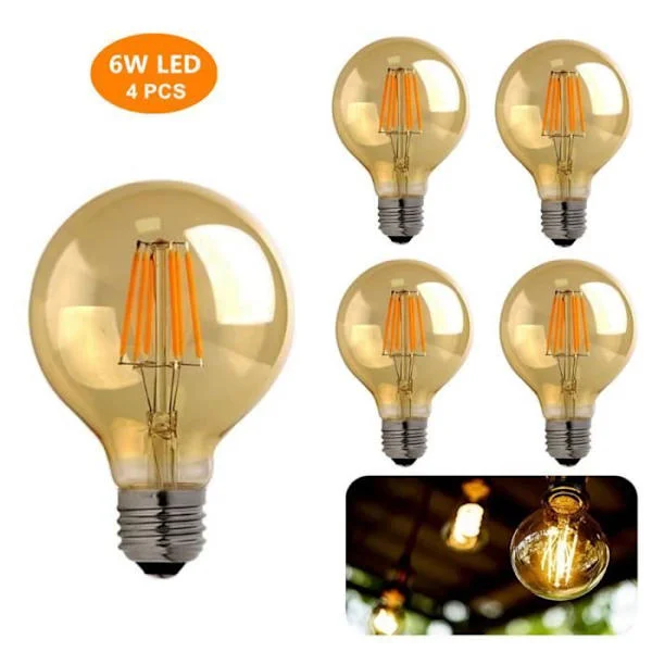 RisingFF 4-pakkaus E27 LED Edison -lamput - Vintage Edison - G80 - Lämmin valkoinen - 6W (vastaa 60W)
