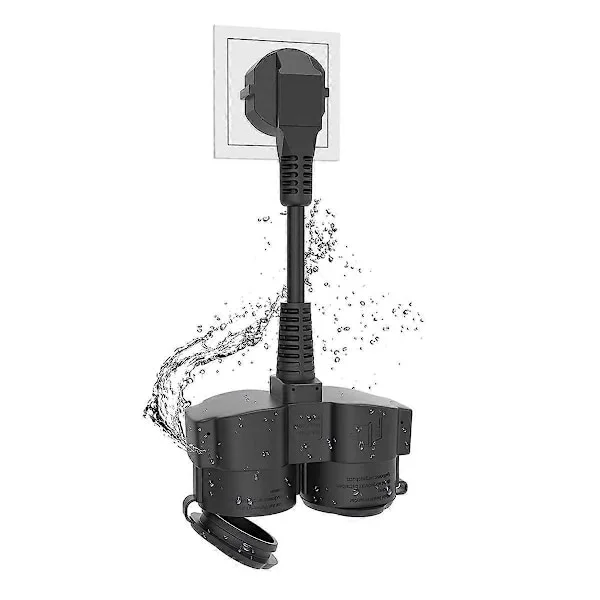 Kaksoispistoke pistorasiaan, jatkojohto 2 Schuko-pistorasialla, ulkokäyttöön, 16 A / 250 V, EU-pistoke, musta