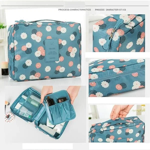 Romote 1 pc Waterproof Makeup Bag Cosmetic Wash Travel Organizer Toiletry Bag for Women Ladies Mothers Girls (Blue Flower)