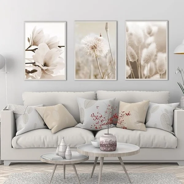 Beige sisustustaulu, moderni ruokokasvimaisemamaalaus, seinäkoriste, kehystämätön (20 x 30 cm x 3)