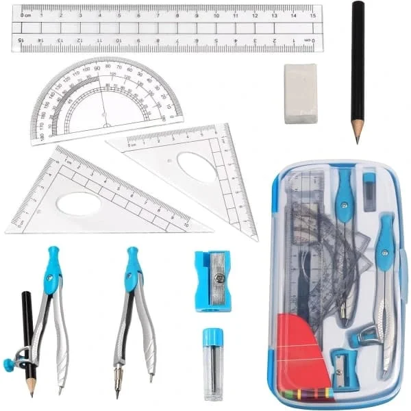 Matematikset, 10 delar gradskiva geometriset, metallpassare matematik med suddgummi linjal, gradskiva och passare set, matematikset (blå)