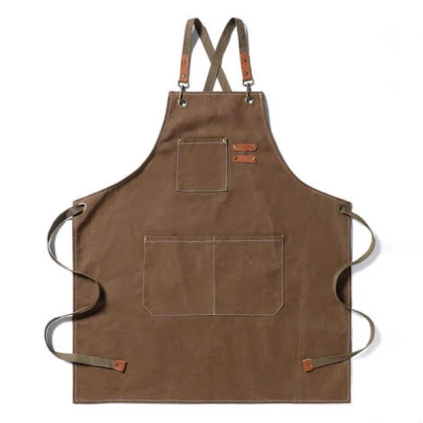 Lerretforkle, unisex arbeidsforkle, kokkeforkle med justerbare stropper og 3 lommer, kryssryggdesign