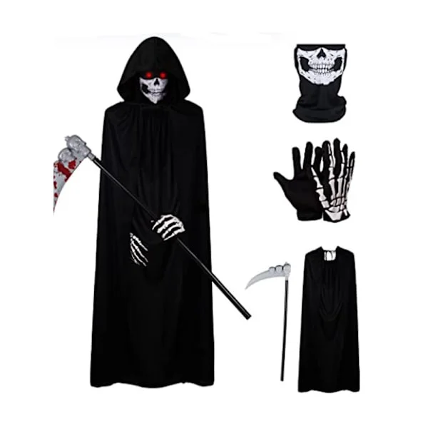 Halloween Horror Grim Reaper-kostyme med hette, hodeskallemaske, hansker og ljå – Det perfekte Halloween-antrekket for voksne og barn