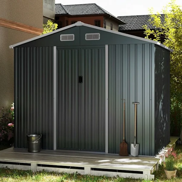 Utomhus Trädgårdsförråd i Galvaniserat Stål 3,66m² 226 x 162cm COSTWAY-Metalbas-2 Skjutdörrar-4 Ventilationer-Snedsänkt Tak