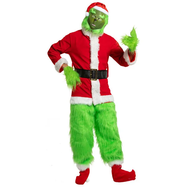 Julekostume stjæler grønt pelsmonster Grinch-tøj Grønt pelsmonster maske Den grønne Grinch langhårede bukser