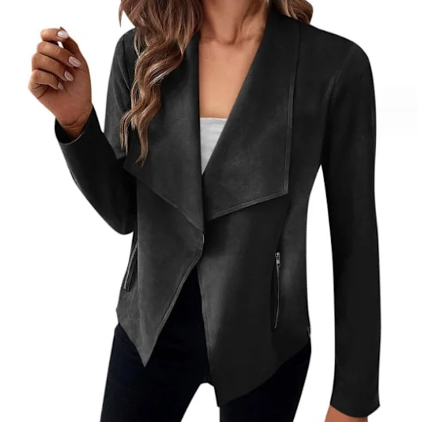 Dame Åben Front Faux Ruskind Casual Blazer Langærmet Arbejdsjakke sort