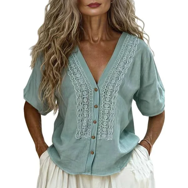 Broderte skjorter for kvinner - V-hals kortermet Boho-topper Sommerlige pene uformelle bluser Blå M