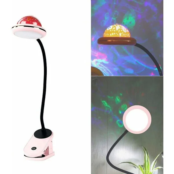 Barnklämma, USB-uppladdningsbar LED-klämlampa med stjärnprojektion, 360° touch-dimbar sänglampa (rosa)