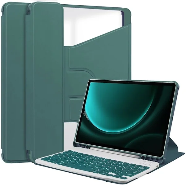 Fodral för Samsung Galaxy Tab S9 FE Plus med Bluetooth-tangentbord, roterande stativ och surfplattestativ (qb) Svartgrön
