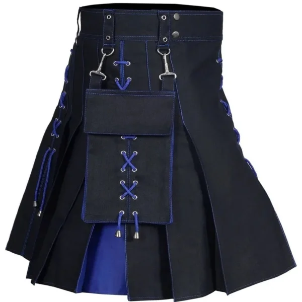 Kilt til mænd Utility Skotsk Traditionel Highland Solid Plisseret Spænde Kostume Kilts med Cargolommer Blå 4XL Blå