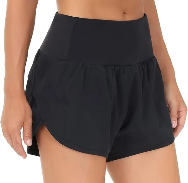Women's High Waisted Running Shorts, Quick Dry Workout Shorts with Mesh Liner and Zipper Pockets, Black XS