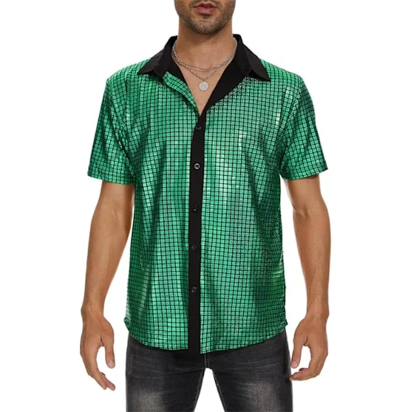 【BQ】Men's 70s 80s Glitter Sequin Shirts Metallic Party Costume Short Sleeve Button Down Shirt Funny Nightclub T-shirt Green 2XL
