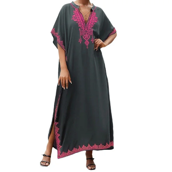 Broderad kofta för kvinnor strandöverdrag – Lång V-ringad kaftan i rayon med ståkrage och sidoslitsar, badkläder i etnisk stil för semester, P