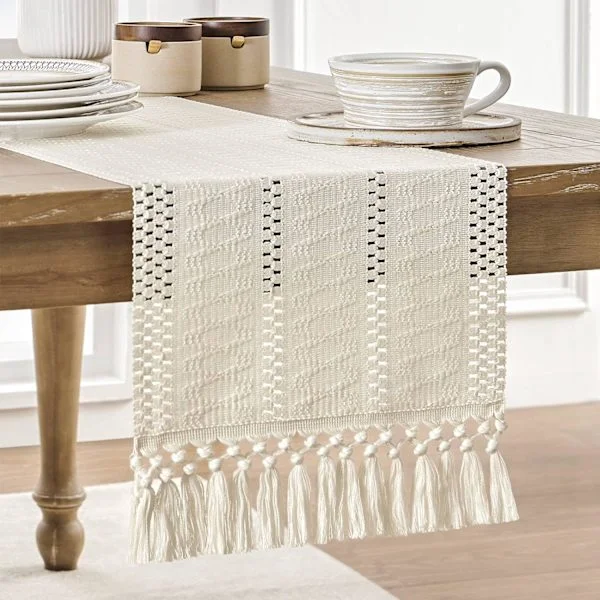 Makramé Boho Bordløper, Elfenbensfargede Bordløpere 180 cm Lange, Vevd Interiørdekorasjon