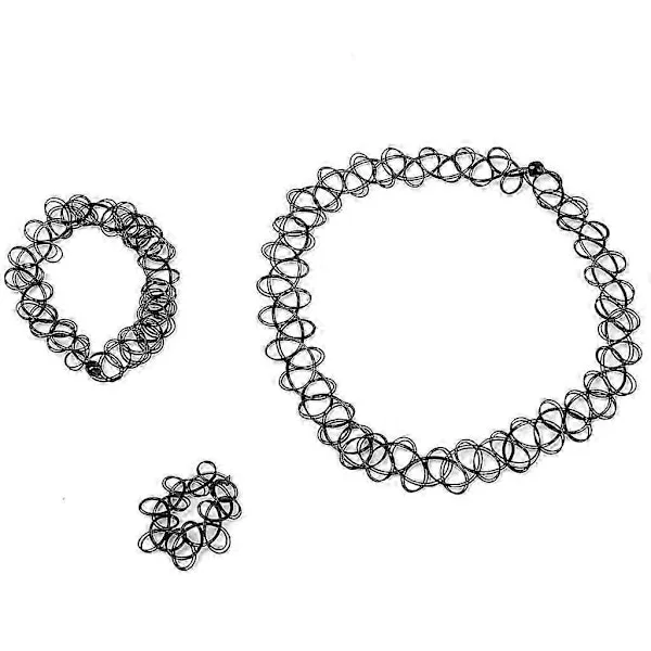 Vintage Boho Tatuering Choker Elastiskt Stretch Halsband Ring Armband Set Retro Henna