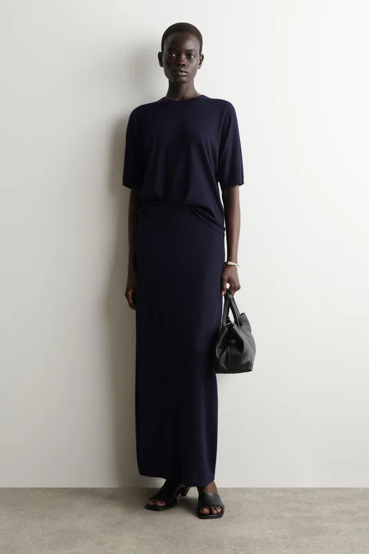 COS Women's Rounded Merino Wool Midi Skirt in Blue