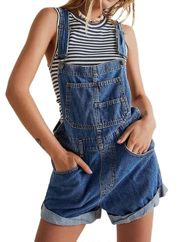 [LD] Dame denim shorts overalls sommer afslappet løs pasform justerbare overalls denim overalls patch shorts mørkeblå M Mørkeblå