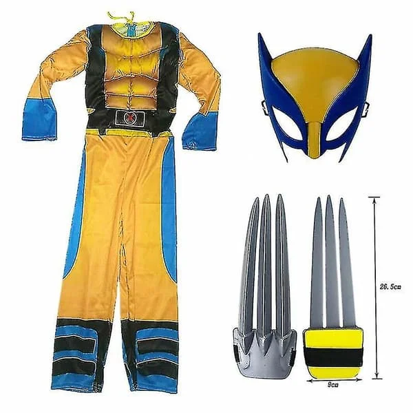 Barn Wolverine Kostym Pojke Superhjälte Overall Barn Halloween Cosplay Mask/Varg Klo Props Fantasy-G 3Pcs Set L(130-140CM)