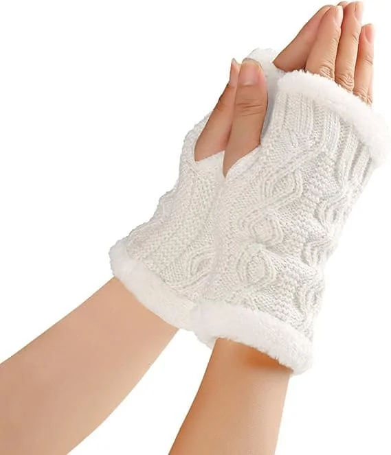 Damers fingerlösa handskar, förtjockade fleecefodrade varma fingerlösa handskar, vinterstickade handskar, dam- och barnhalvfingerhandskar
