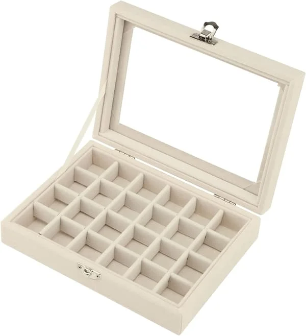 Smykkeskrin Smykkeorganisator for Ring Øredobber Halskjede Smykkeskrin Oppbevaringsboks Smykkeutstilling med Lokk Beige 24 Rom Beige