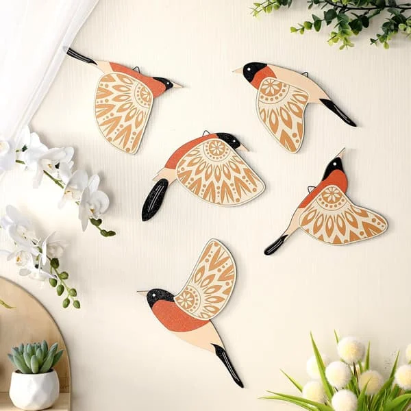 Wooden Bird Wall Art Wooden Flying Birds Wall Decor Rustic Folk Art Wall Decor Scandinavian Home Decor (Orange)