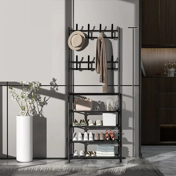 Stående Klädställ Modern Metall Kläder Kläder Hängande Förvaring Hylla Hängare för Entré Hall 60cm 4 Lager Svart