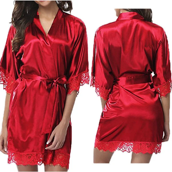 Damunderkjole Robe, Satin Nattøj Blonder Kimono Sexy Silke Morgenkåber Rød Red