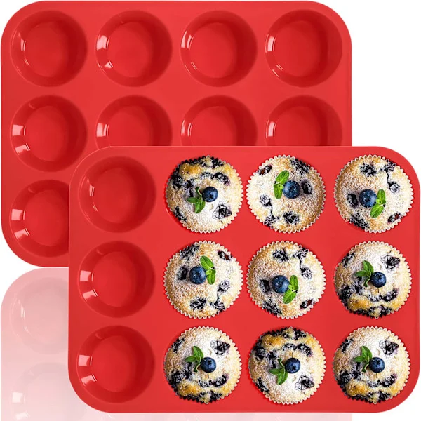 Muffinsform i silikon - Standard 12-håls muffinsplåt, non-stick silikonbakformar för muffins, cupcakes, choklad, 2-pack 12 koppar