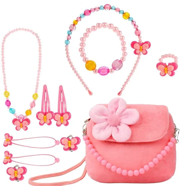 Børnesmykker Små Piger Plys Punge Halskæde Armbånd Øreringe Ringe Smykkesæt (Pink)
