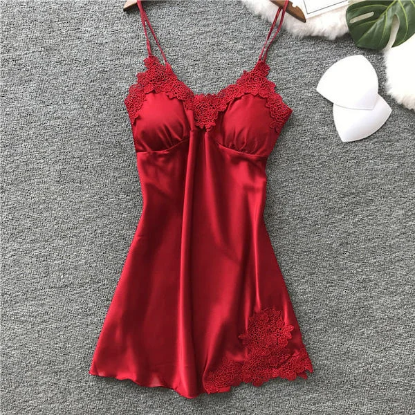 Naisten seksikäs alusasu silkkinen pitsimekko aamutakki Babydoll yöpaita punainen L