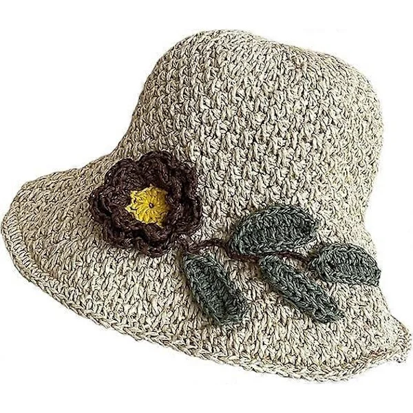 Solhatt i strå för damer, virkade blommor, justerbar strandhatt, bekväma och ventilerande hattar för kvinnor utomhus, Beige