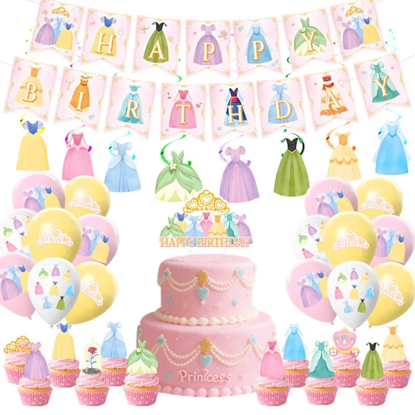 Prinsesskalas Servisartiklar, Inkluderar Happy Birthday Bakgrundsbanderoll, för Flickors Prinsessfödelsedag Prinsesstema Servisset