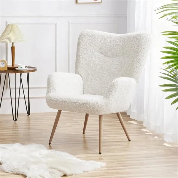 Lenestol med høy rygg - Hvit / wingback lenestol med armlener / polstret lenestol i bouclé