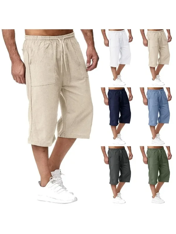 AliExpress - Sommer männer Casual Shorts Baumwolle Gemischt Lange Elastische Taille Lose Tasche Kordelzug 3/4 Länge Shorts Täglichen Street Wear