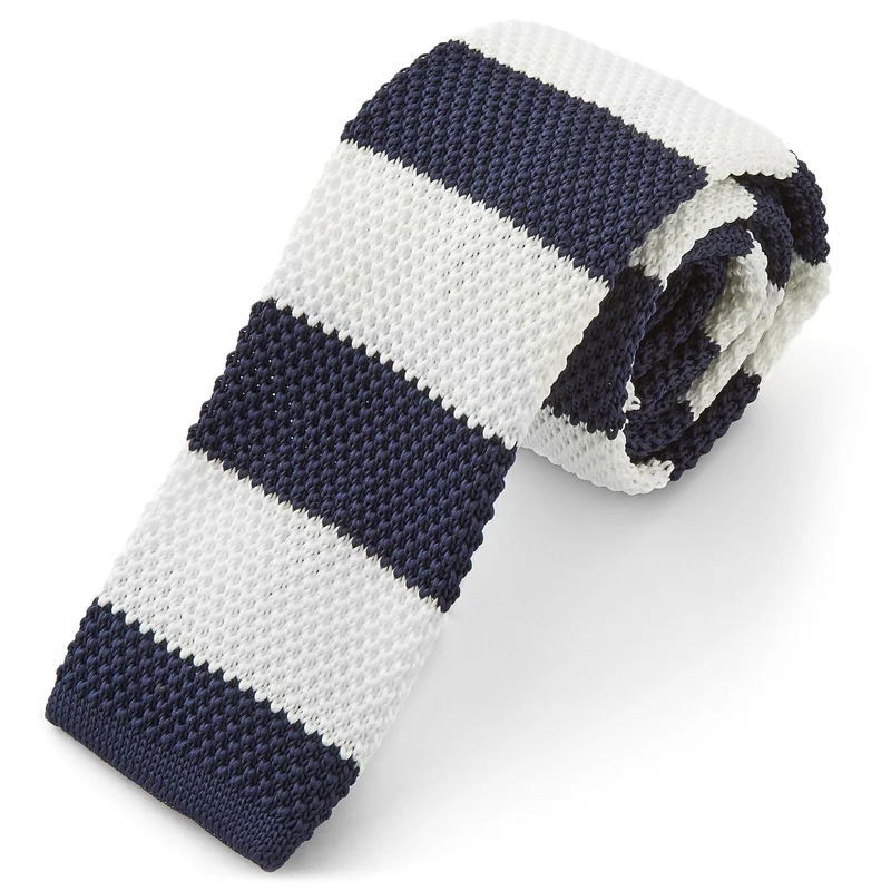 Corbata de punto azul marino a rayas para hombres - Corbatas estrechas