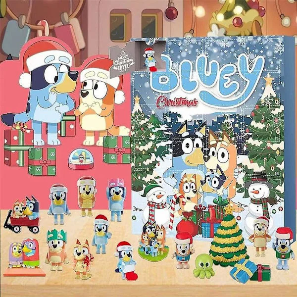 Julekalender med Bluey 2023, 24 dages nedtælling, tegneserie Bluey figurer dukker gaver