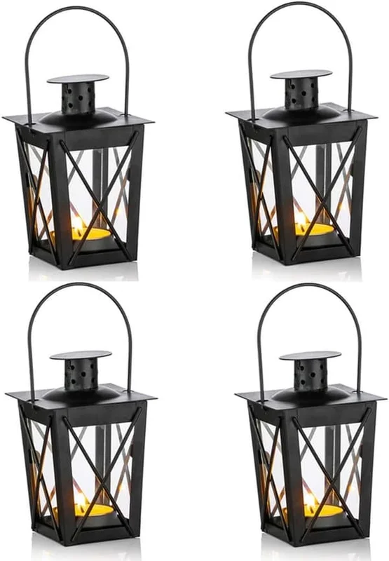 4 stk Lykter for Lys, Vintage Svart Metall Mini Dekorative Lyslykter Telysholder & LED Telysholder Dekorasjon-FX-