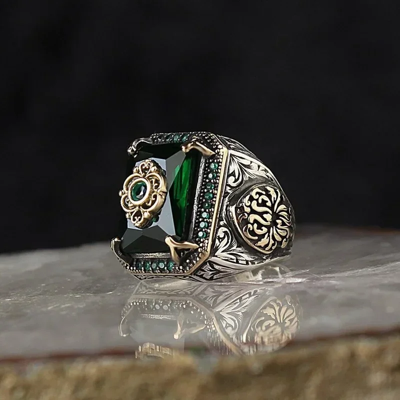 AliExpress - Retro handgemachter türkischer Siegelring für Männer Vintage Silber Farbe Schnitzmuster Inlay grüner Zirkon Party Punk Motor Biker Ring