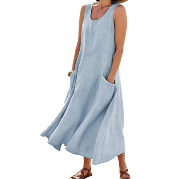 Strapless Cotton Linen Beach Dress with Pockets - Women's XL, Sky Blue