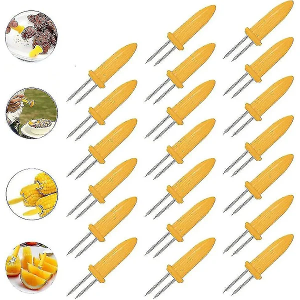 20 st/set Majskolvs Hållare, Rostfritt Stål Värmebeständig Halksäker Grill Majs Gafflar Spett för Grill, Matlagning, Födelsedagsfest (gul)