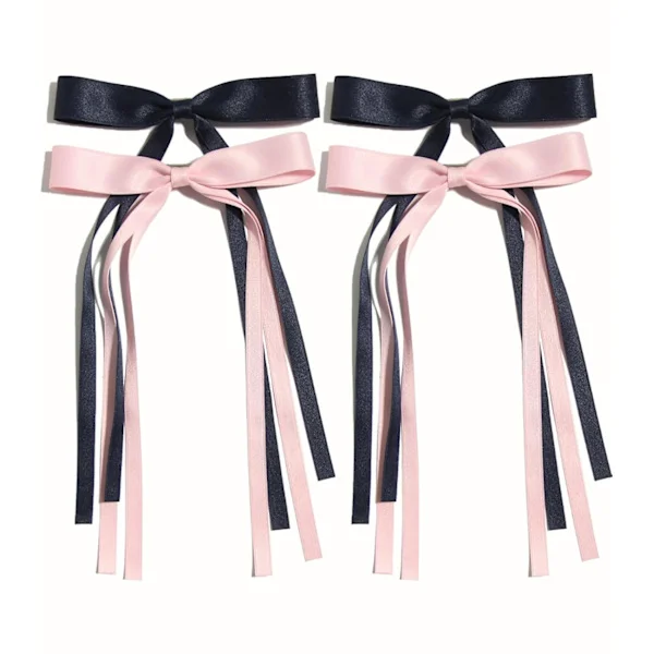 Navy Pink Hair Clips for Women Tassel Ribbon Bow with Long Tail, Solid Color Accessories Hair Clips Claw Bow 4 Pcs