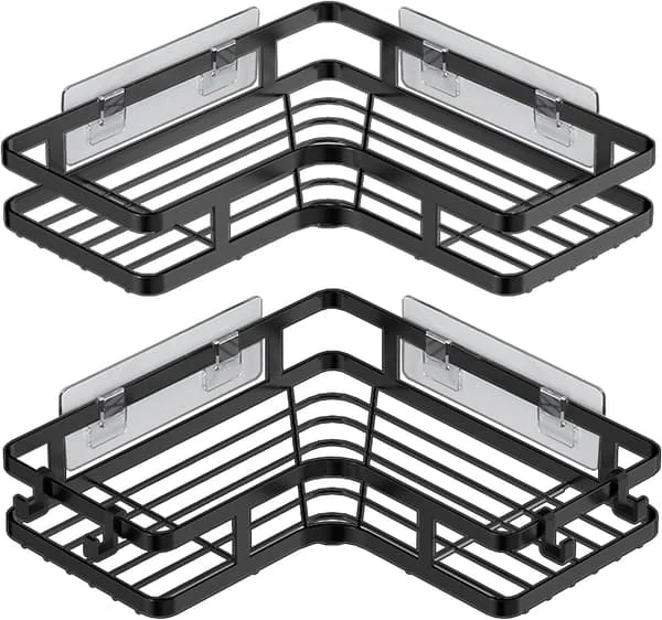 Corner Shower Shelf 4 Hooks Self-Adhesive Shower Caddy No Drilling 2-Pack Bathroom Shower Organizer Stainless Steel Black