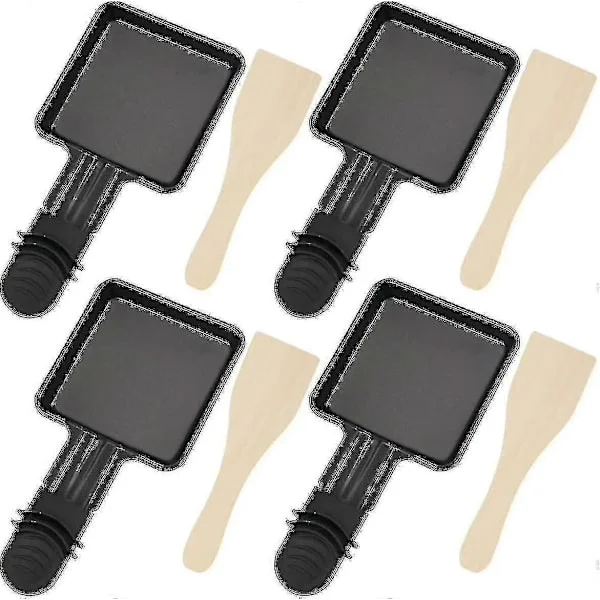 4 kpl Coupelle Raclette -grilli ja 4 kpl puisia Raclette-lastoja, Raclette-grilli, tarttumaton valurautainen minilevy kahvalla [HK]